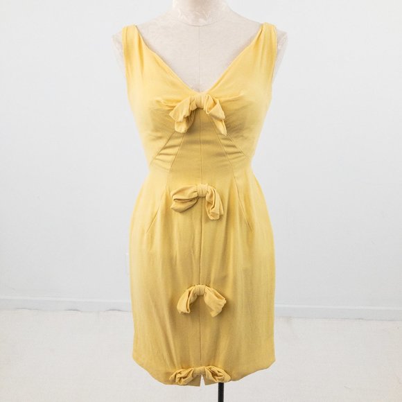 Vintage 60s V Neck Bow Front Mini Dress Yellow - Picture 1 of 9